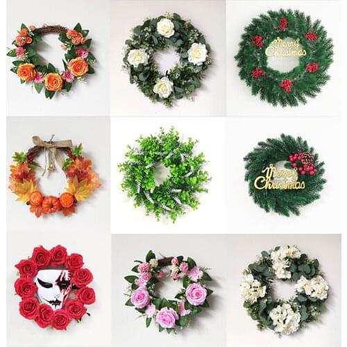 Autumn Leaves Pumpkin Garland Christmas Wreath Artificial White Flower And Eucalyptus Garland For Door Ornament Wall Decoration