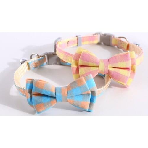 Color Plaid Cat Collar with Bell Adjustable Rabbits Necklace Cute Bowknot Puppies Bowtie Striped Pets Kitten Chihuahua Collars