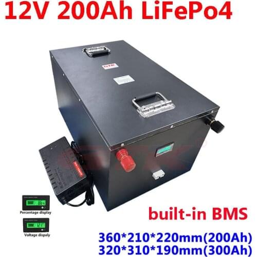 Rechargeable lithium 12V 200Ah 300Ah LiFepo4 battery 4S BMS for solar energy outdoor power supply Caravans campers+20A charger