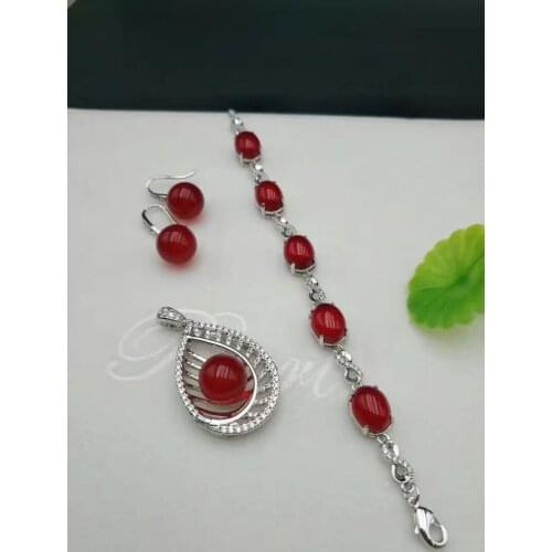 Natural Red Chalcedony Pendant Earrings Rings 3pcs Set 925 Silver Inlaid Gold Plated Ice Platinum Gift
