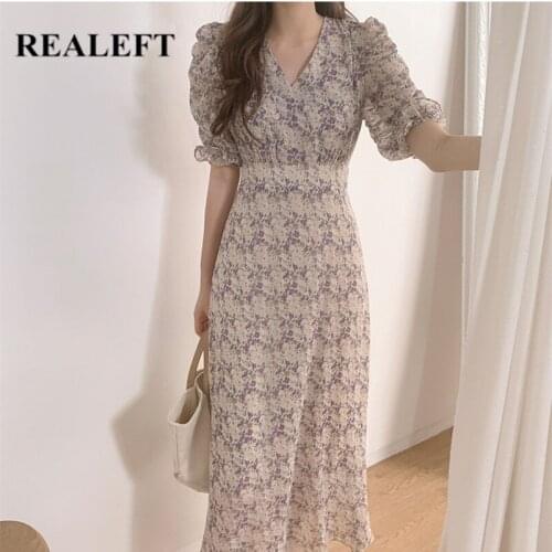 REALEFT Summer 2021 New Elegant Floral Printed Womens Dress Puff Sleeve Chiffon V-Neck Straight Female Long A-Line Dresses