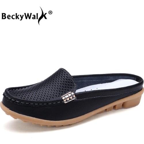BeckyWalk Women Shoes Summer Closed Toe Flat Heel Genuine Leather Women Sandals Slippers Cutouts Fashion Shoes Woman WSH2680