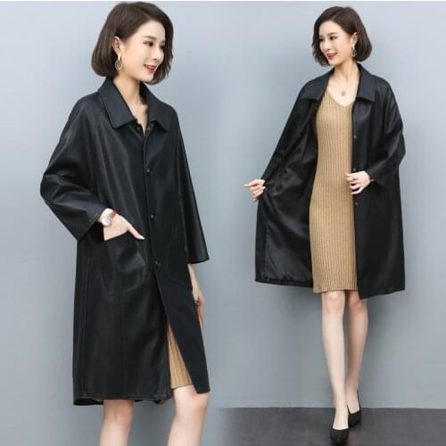 Autumn Oversized Black Long Womens Leather Jacket Nine Points Sleeve Spring Loose Faux Leather Coat Streetwear 2021