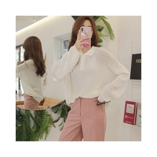 Korean Fashion Loose Knitted T Shirts Tees Women Long Sleeve Turn-down Collar See Though Solid Casual Tops T-shirts Femme 2020