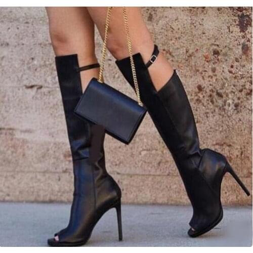 Hot Selling Black Leather Women Boots Knee High Peep Toe Cut-out Gladiator Women High Boots Thin Heels Ladies Dress Shoes