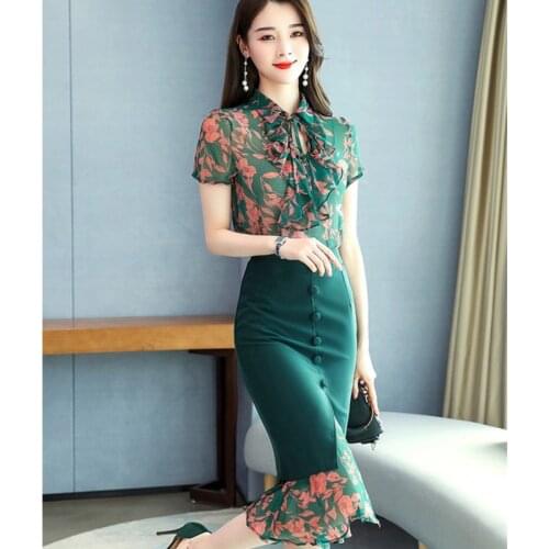 2021 Summer Women Stylish Clothing Dress Suit Office Lady Chic Ruffles Floral Print Blouse+Spilt Buttons Skirt 2 Piece Set