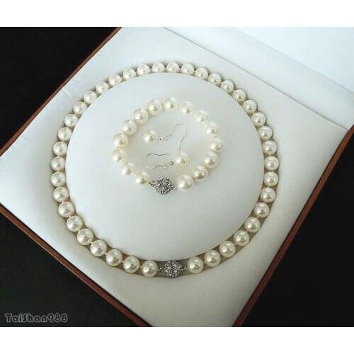 Womens Hair full wigs 10mm White Shell Pearl Crystal Clasp Earrings Bracelet Necklace Set AAA style Fine Noble jewelry