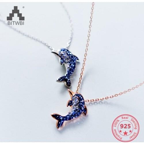 High Quality Real S 925 Sterling Silver Fashion Cute Rose Gold Dark Blue Dolphin Pendants Necklace Women Jewelry