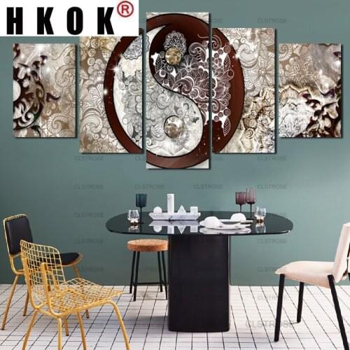 HKOK 5 Panels Tai Chi and Flowers Composed of Posters Wall Art Decoration Household HD Printing Pictures Can Be Customized