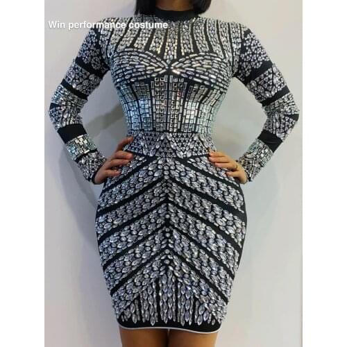 Shining Silver Rhinestones Black Dress Womens Birthday Prom Celebrate Long Sleeves Dress Evening Dance Stretch Costume