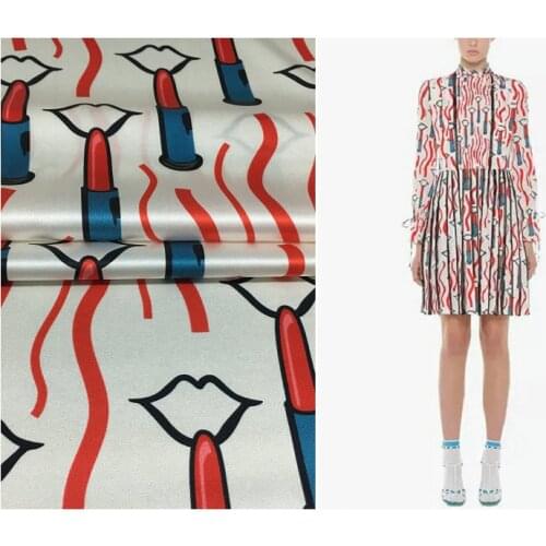 Brand digital inkjet printing natural silkworm silk red makeup lips 19mm heavy silk elastic satin fabric boutique fashion fabric