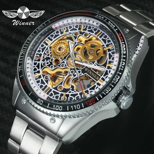 WINNER Official Fashion Casual Automatic Mechanical Watch Men Stainless Steel Strap Gold Skeleton Mens Watches Top Brand Luxury