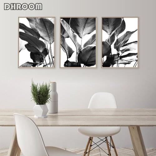 Black and White Wall Art Canvas Prints Banana Leaves Painting Tropical Palm Leaves Posters Nordic Wall Picture for Living Room