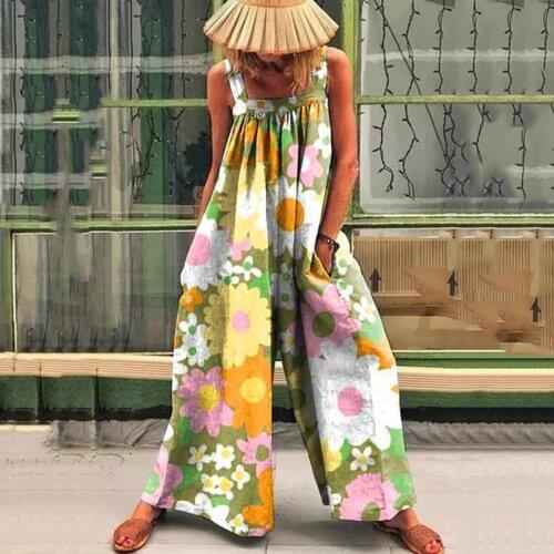 4# Bohemian Jumpsuits Women Casual Boho Print Sleeveless Long Playsuit With Pocket Summer Wide Leg Elegant Plus Size Romper