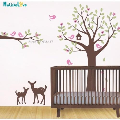 Cute Flower Tree with Birds and Deer Wall Decal Home Kids Room Decoration Living Room Nursery Vinyl Sticker Murals BB748