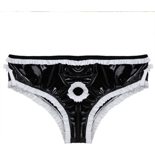Mens Lingerie Zipper Crotch Sissy Underwear Shiny Faux Leather Open Front Penis Hole Ruffled Trim Bowknot Bikini Briefs Panties