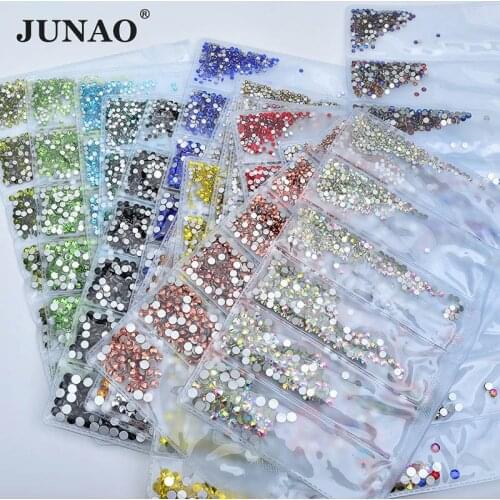JUNAO ss 6 8 10 12 16 20 Mix Size Clear AB Crystal Nail Art Rhinestones Set Round Glass Stones Non Hotfix Strass Crystal Charm
