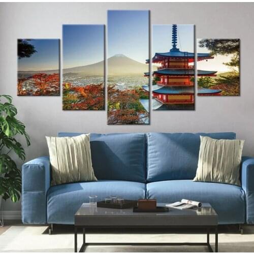 Snowy Mountain Temple Poster Peaceful 5 Piece Canvas Picture Print Wall Art Canvas Painting Wall Decor for Living Room Framed