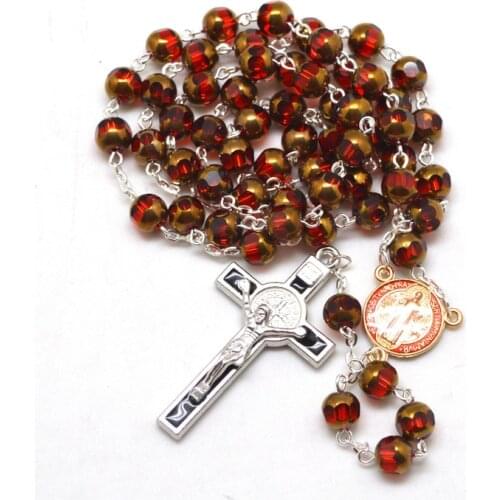 St Benedict Catholic Rosary Necklace for Man Red Faceted Glass Beads