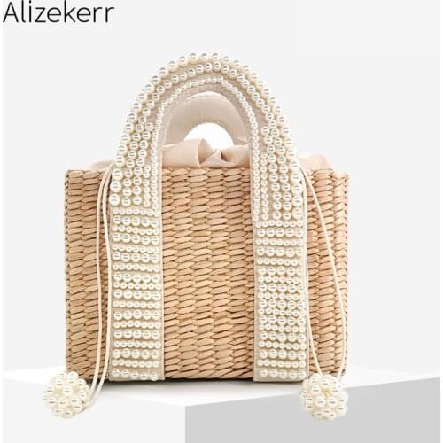 Pearls Beach Bag Women 2020 Summer New Elegant Woven Beaded Straw Bag Female Bohemia Knitted Large Tote Handbag Vacation Casual