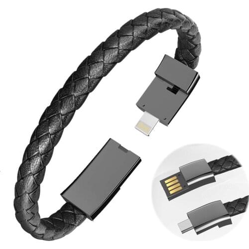 Portable Leather Phone Date Cables Mini Micro USB Bracelet Charging Data Line Woven Sync Cord For iPhone Android Type-C Phone
