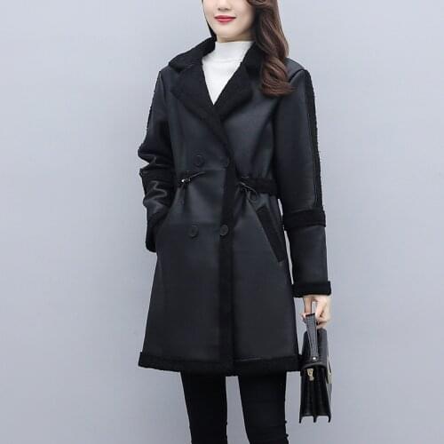 Plus size lambskin fur coat from artificial turn-down collar double-breasted big pocket chic fur coat from artificial femme robe