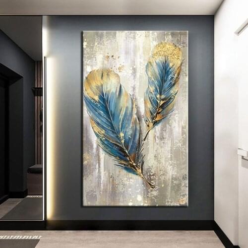 Hand-Painted Canvas Art Personality Feather Abstract Geometric Oil Painting Gold Foil Modern Home Decoration For Living Room