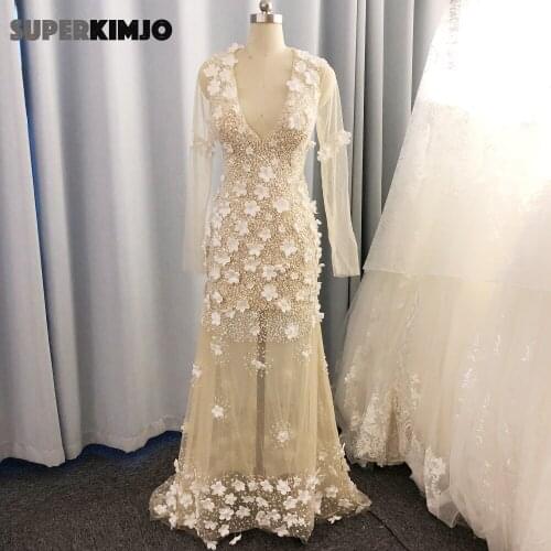 SuperKimJo Abendkleider Beaded Evening Dresses Long Sleeve 3D Flowers Champagne Mermaid Sheer Sexy Formal Dress Evening Gown