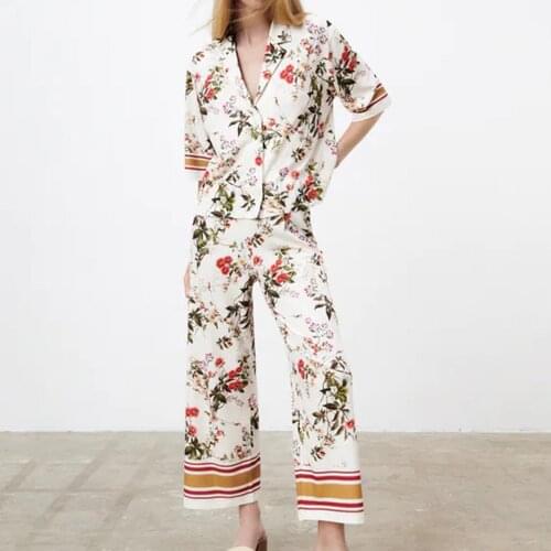 XIKOM 2021 Women Two-piece Set Print Kimono Single Breasted Vintage Long Sleeve Loose Shirt Female Beach Style Pants Suits