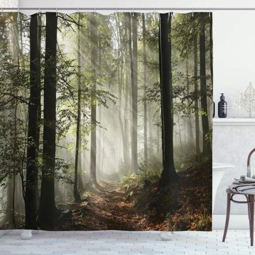 Green Brown Forest Shower Curtain Dark Forest Route Surrounded by Fog The Sunshine Day Time Mother Earth Image Bathroom Curtain