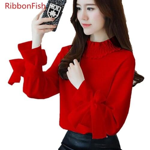 Women Spring Autumn Style Chiffon Blouses Shirts Casual Long Flare Sleeve Bow Tie Blusas DD8112