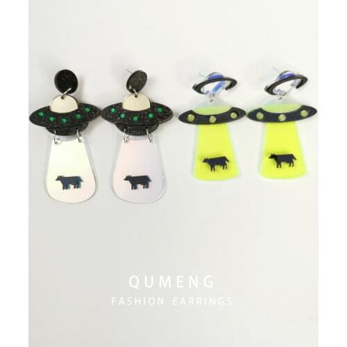 QUMENG UFO Earrings Halloween Fashion Jewelry Personality punk cute Acrylic Stud Earrings for Women Holiday gift