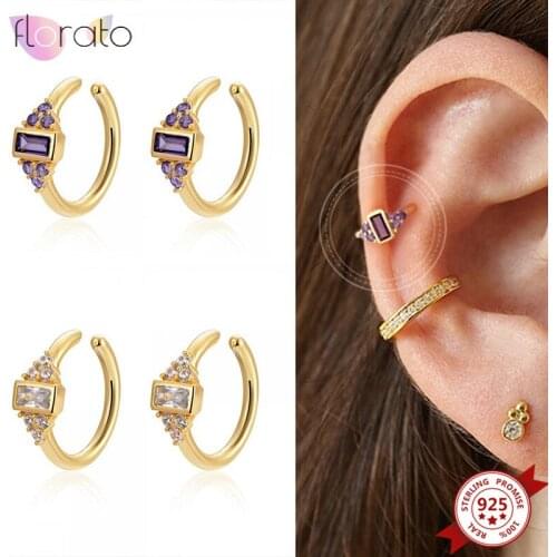 1PC Plated 24K Gold/925 Silver CZ Ear Cuff for Women Geometry Purple White Crystal Ear Clips Earrings No Piercing