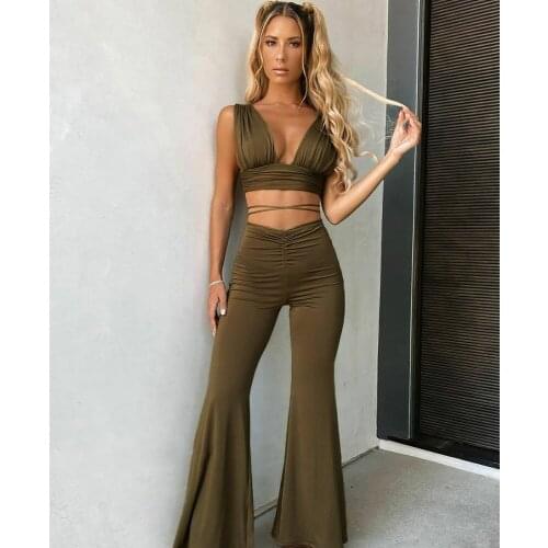 Vintage Women Two Pieces Set Casual Slim Army Green Lace Up Sleeveless Sexy V Neck Crop Tops & Flare Pants Streetwear CH0166