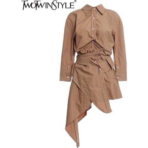 TWOTWINSTYLE Irregular White Shirt Dress For Women Lapel Long Sleeve High Waist Mini Dresses Female 2020 Summer Fashion New Tide