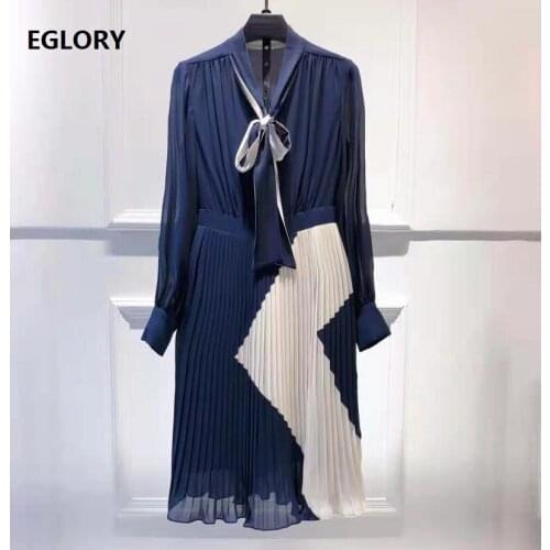 Bow Tie Elegant Dress 2021 Spring Summer Business Women Geometric Print Patchwork Long Sleeve Vintage Pleated Dress Blue Purple