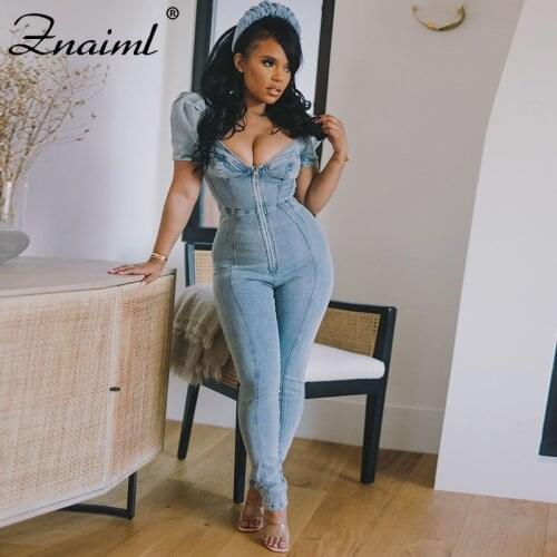 Znaiml Puff Sleeves Square Collar Bodycon Denim Jumpsuit Casual Jean Rompers Zipper Fashion Trends Straight Jumpsuits Overalls