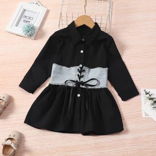 FOCUSNORM 1-6Y 2Pcs Infant Kids Girls Fashion Dress Single-breasted Solid Long Sleeve Lapel Shirt Dress+ Denim Tie-up Waist Belt