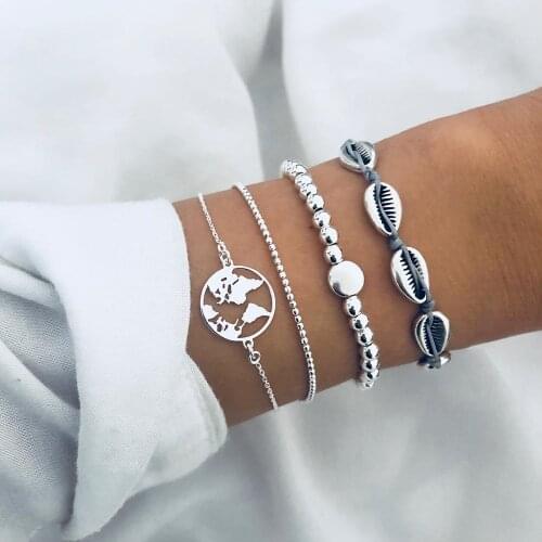 4pcs/set Fashion Women Shell Map Charm bracelets Set Boho beads chains Bangle femme Retro DIY Jewelry