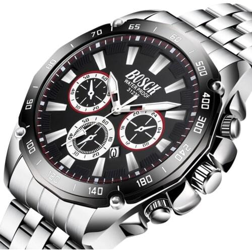 BOSCK 2019 New Arrival Fashion Business Mens Watches Stainless Steel Calendar Watches Men Silicone Sport Watches Montre Homme