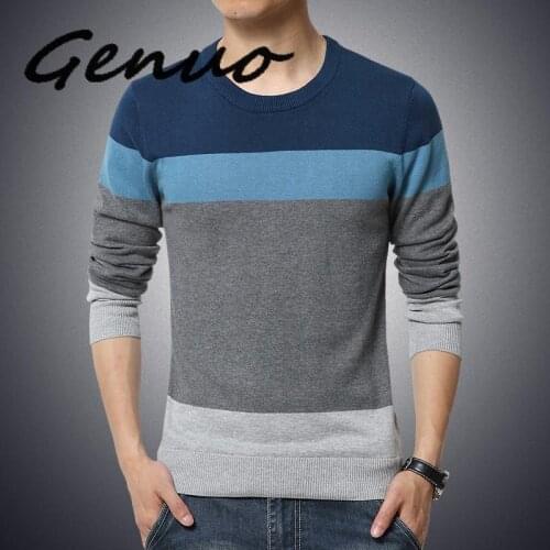 Genuo Mens Knitted Sweater Autumn Winter Casual O-Neck Striped Slim Knittwear Mens Sweaters Pullovers Jumper Pull Homme Clothes