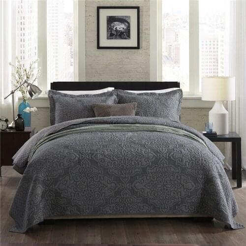 Quality Gray Cotton Bedspread Quilt Set 3pc Coverlet Solid Embroidered Quilts Bed Cover Pillowcase King Queen Size Plain Blanket