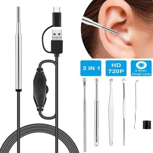 3.9mm Otoscope Inspection Camera 3 In 1 Ear Wireless Spoon Cleaning Tool 1.3MP Borescope Ear Endoscope Android Type C USB Phone