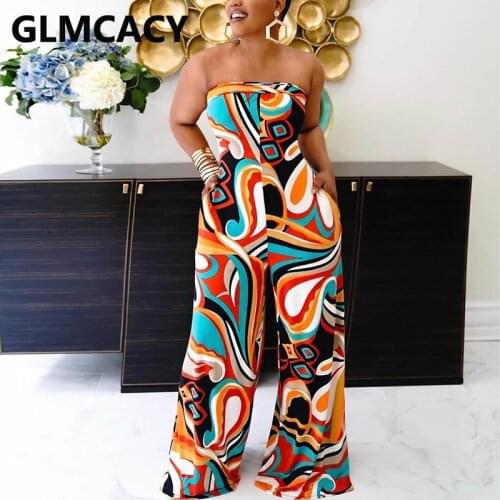 Abstract Printed Tube Jumpsuit Summer Wide Leg Loose Pants Overalls