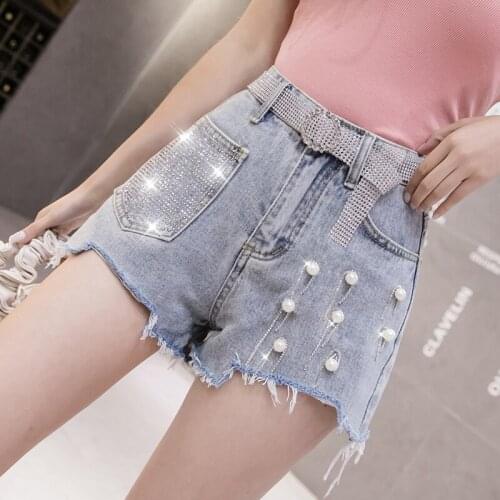 High Waist Summer Denim Shorts Women Korean Style Hollow Out Tassel Pearls Short Jeans Vintage Sequined Jean Shorts with Belt