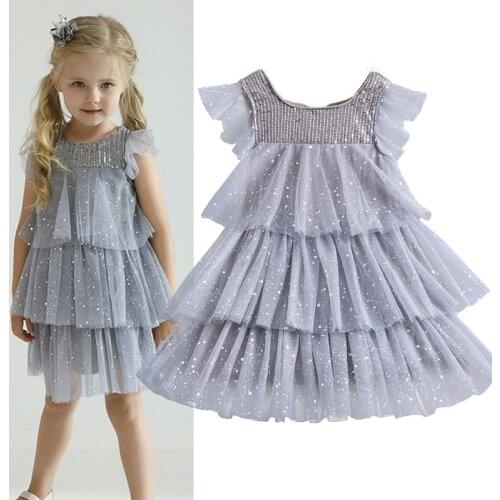 Kid Girls Summer Causal Clothes Lace Layered Soild Dress Birthday Party Costume Children Girls Flying Sleeve Princess Dress