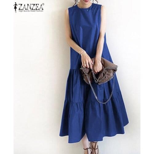 2021 ZANZEA Summer Bohemian Women Dress Sleeveless Solid Party Sundress Casual O Neck Ruffles Vestidos Femme Robe Sarafans