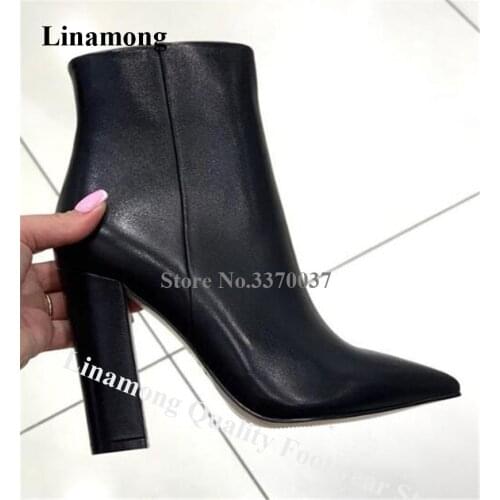 Linamong Classical Style Pointed Toe Chunky Heel Short Boots Black Leather Side Zipper-up Thick High Heel Ankle Booties Heels