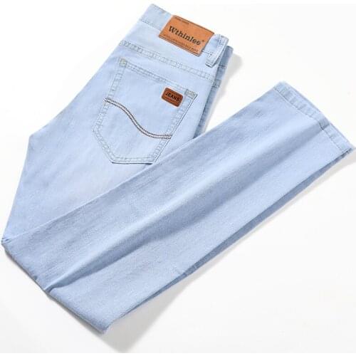 2021 spring and summer mid-rise thin business casual sky blue mens jeans,Straight solid color slim pantalones hombre,size28-38