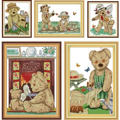 Joy Sunday New Arrival Cartoon Bears Style 11&14CT DMC Embroidery Kit DIY Handmade Needlework Cross Stitch Kits for Home Decor